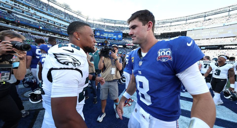 Saquon Barkley’s former Giants teammates cheer him on at the Eagles-Rams playoff game