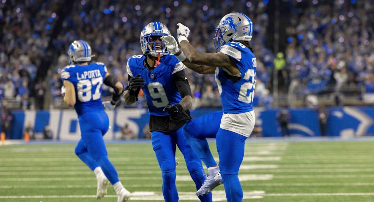Jameson Williams lets Jordan Addison know Detroit Lions receivers are best